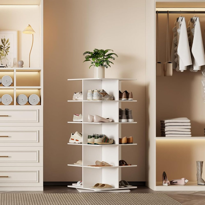 360 Degree Rotating Shoe Rack Tower, 5 Tier Freestanding Spinning Shoe Organizer for Entryway Closet Bedroom Corner Space Saving Storage Shelf