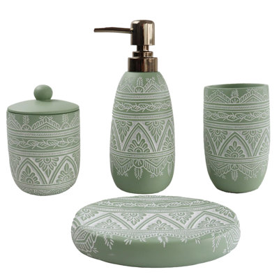 Bathroom Accessories Set,Contain Cotton Swab Jar,Soap Dispenser,Tumbler，Soap Dish/Tray, 4-Piece (Green)