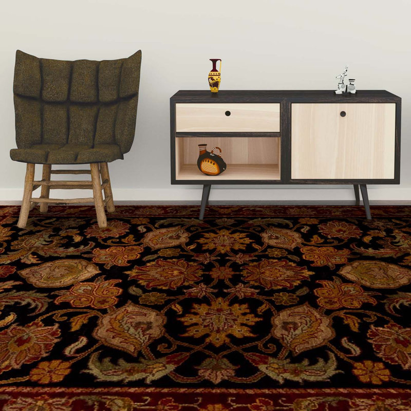 Hand-Knotted High-Quality Black and Red Area Rug