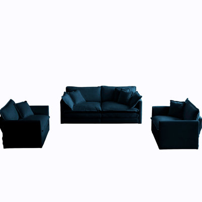 Chenille bleue 3 pièces - Élégance de salon, coussins et coussins rembourrés en bois massif, assise somptueuse avec coussins, 2 chaises 1 2 en chenille, base, tissu, détente