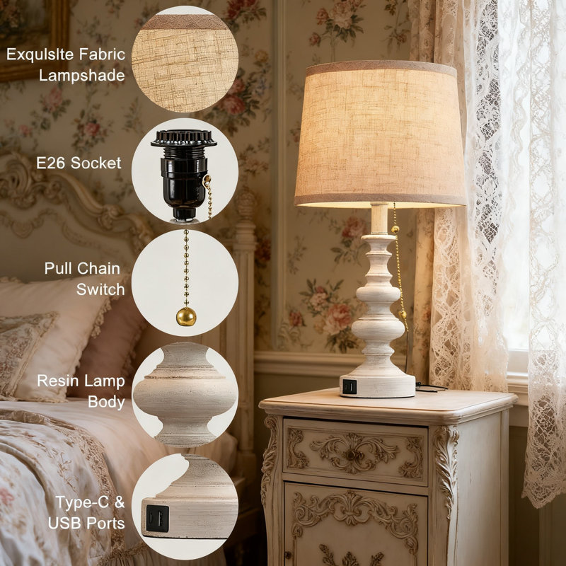 Ensemble de 2 lampes de table de ferme avec ports de charge USB A + C, interrupteur à chaîne, lampes de table de chevet rustiques pour bureau de chambre à coucher