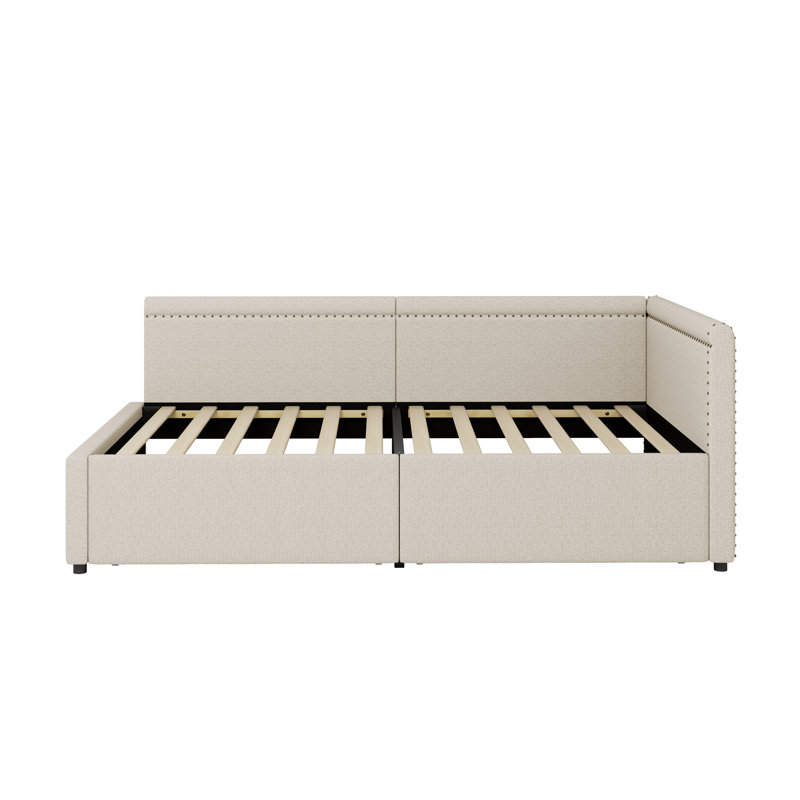 Modern Style Twin Size L Shape Corner Bed, Linen Upholstered Daybed With Two Storage Drawers, Beige