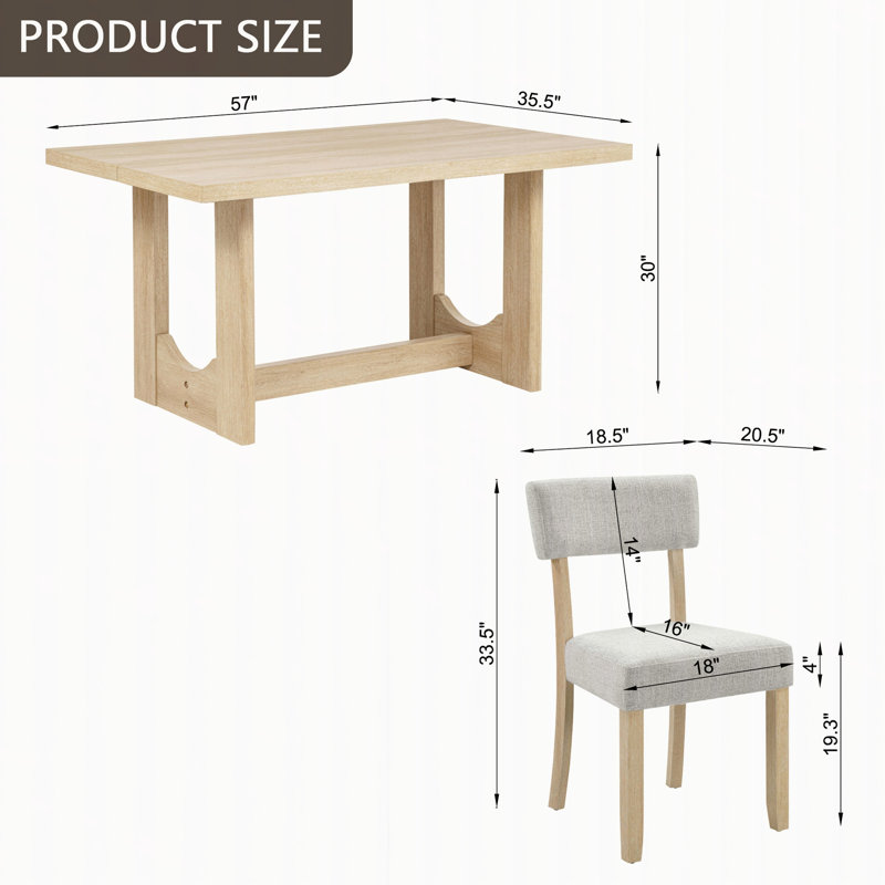 Ensemble de table de salle à manger 7 pièces pour 6 tables de 57 pouces avec 6 chaises rembourrées en lin, style japonais