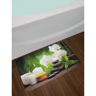 Ambesonne Spa Bath Mat, Stones Aromatic Candles and Orchids Blooms