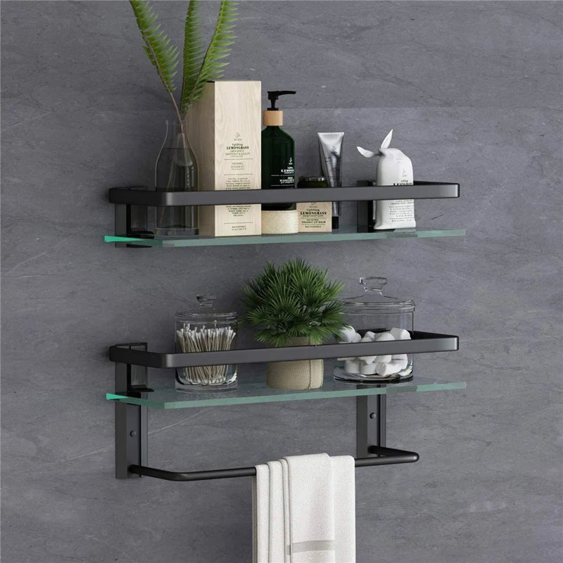 Bathroom Shelf Wall Mounted Floating Glass Shelf with Towel Rack 2 Tiers, Black