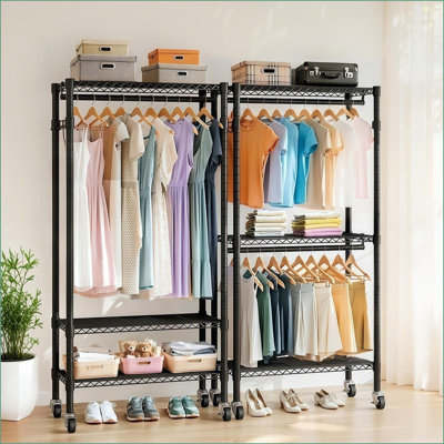 Porte-vêtements sur roulettes, organisateur à roulettes en métal robuste à 3 niveaux | 2 tiges de suspension | Crochets latéraux | Noir