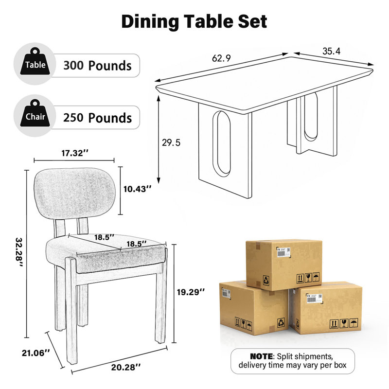 Ensemble table et chaises de salle à manger rectangulaires de style campagnard de 62,9 pouces, 7 pièces : table, 6 chaises
