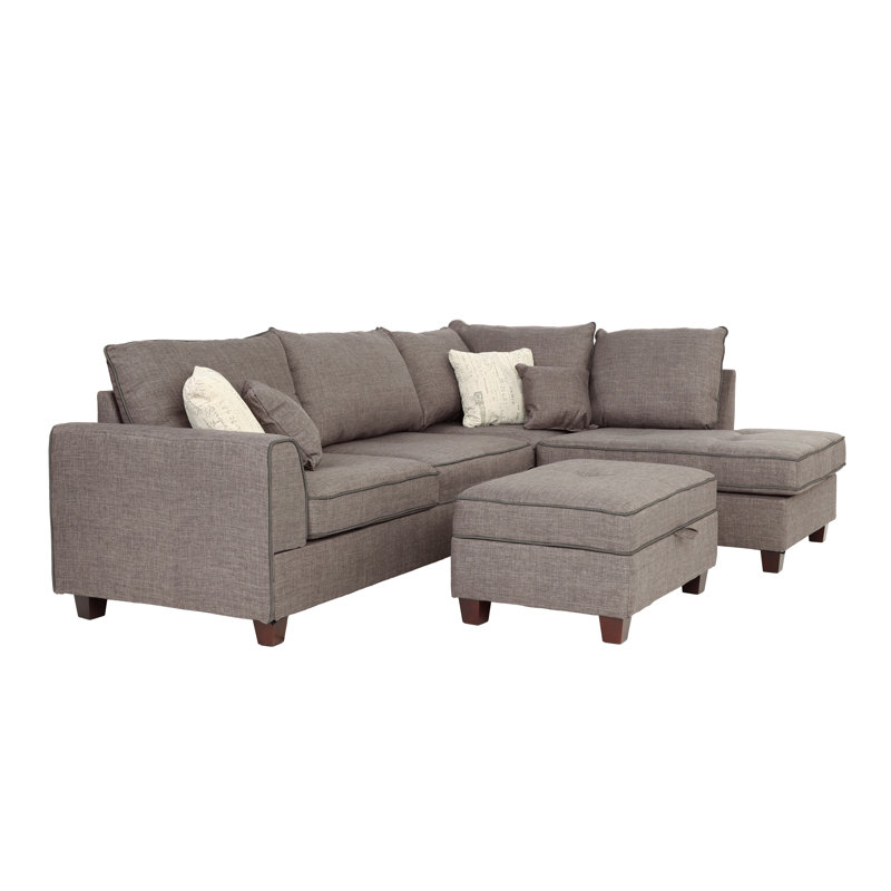105" Wide Reversible Sofa & Chaise with Ottoman, Mocha Polyester Blend