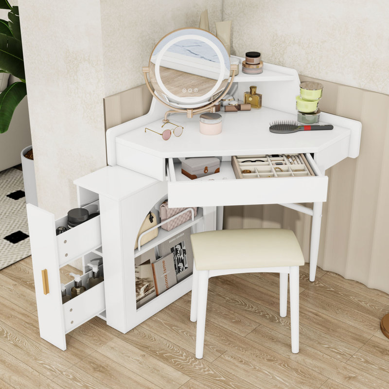 Makeup Vanity Desk With Stool, Mirror, Lights, Stool and Drawer, White