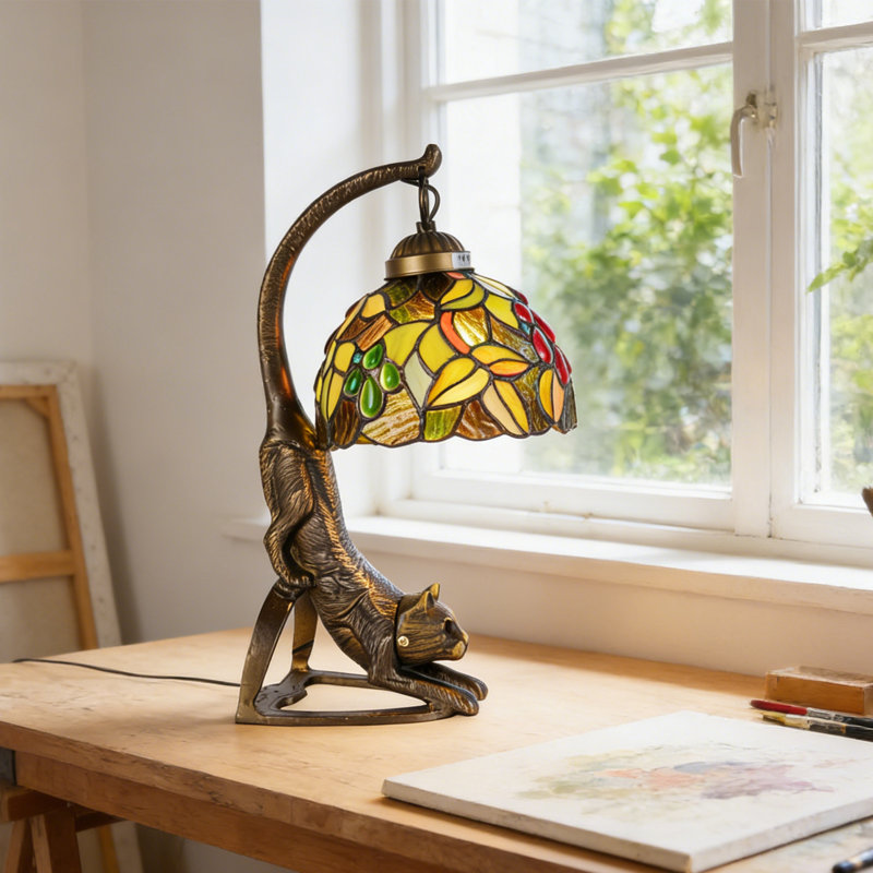 15 Inch High Artistic Cat-shaped Stained Glass Table Lamp; Tiffany Style Bedside Lamp