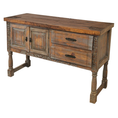 Distressed Brown Carved Wood Console