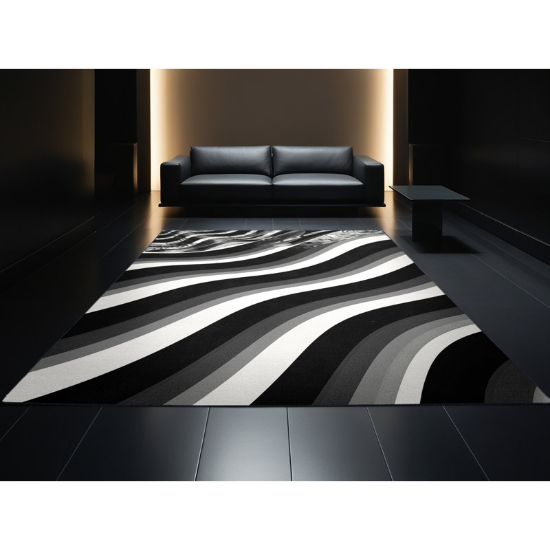 Machine Washable Paulett Sleek & Chic Modern Arc Rug in Gray – Black Binding, 7' Square