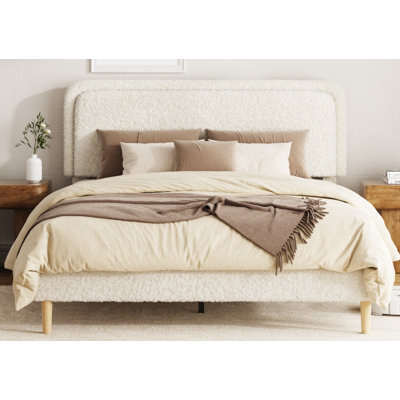 King Bed frame, Plush Upholstered Platform Bed with Height-Adjustable Headboard, Sturdy Frame and Alats, Quiet Design, No-Spring Mattress Compatible, Easy to Assemble