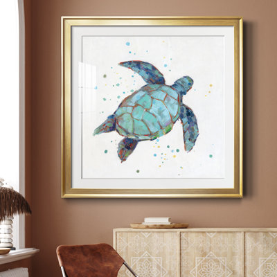Bubbly Blue Turtle I - Matted and Framed Under Acrylic Glass, Large Living Room Wall Art