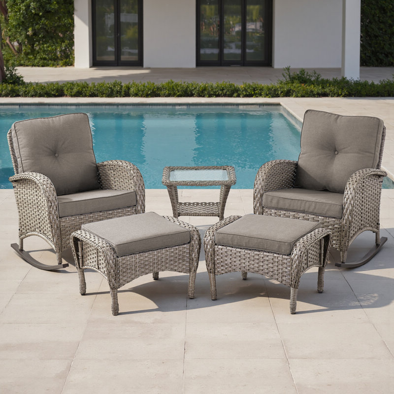 Ensemble de chaises berçantes d'extérieur en rotin 5 pièces avec repose-pieds, Gris, Gris