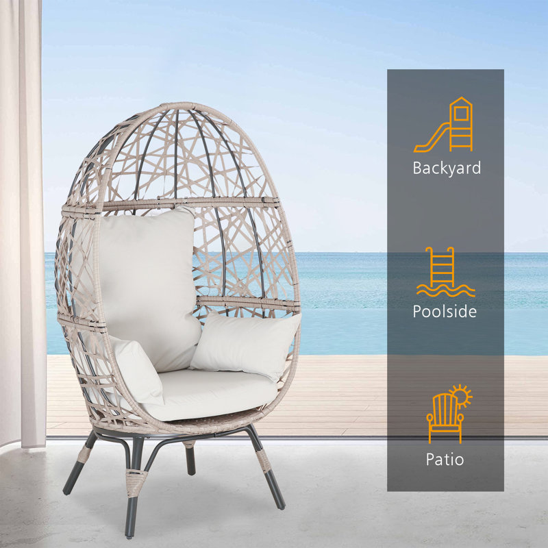 Egg-Shaped Beige Wicker Patio Chair with Cushions