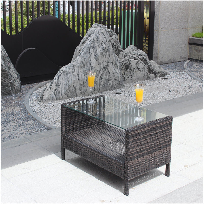 Table basse d'extérieur pour terrasse avec verre trempé transparent, H 17,7 po x l 34,6 po x P 20,5 po, Transparent / brun