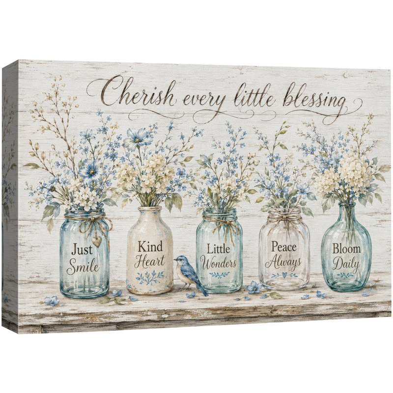 «Cherish Every Little Blessing Blue Floral Vase», images de salon, impression sur toile encadrée, Toile tendue