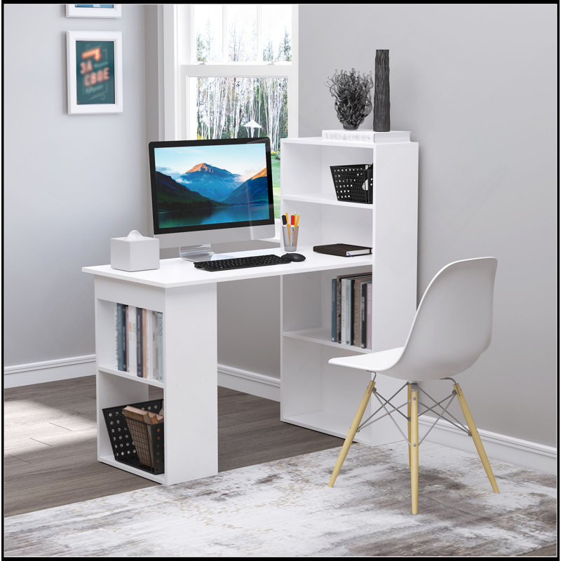 Bureau de bureau moderne avec tablettes de rangement à 6 niveaux, table d'écriture avec bibliothèque de 47 po, Blanc