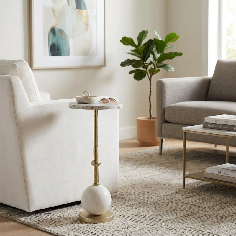 Table d'appoint ronde en métal avec piètement sphérique moderne, idéale pour le bureau ou un coin lecture - Table d'appoint étroite et contemporaine pour le salon - 63,5 cm, or et blanc