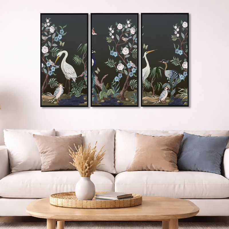 Décoration murale Chinoiserie avec oiseaux et pivoines IV - Animaux, Noir, H 32 po x l 48 po