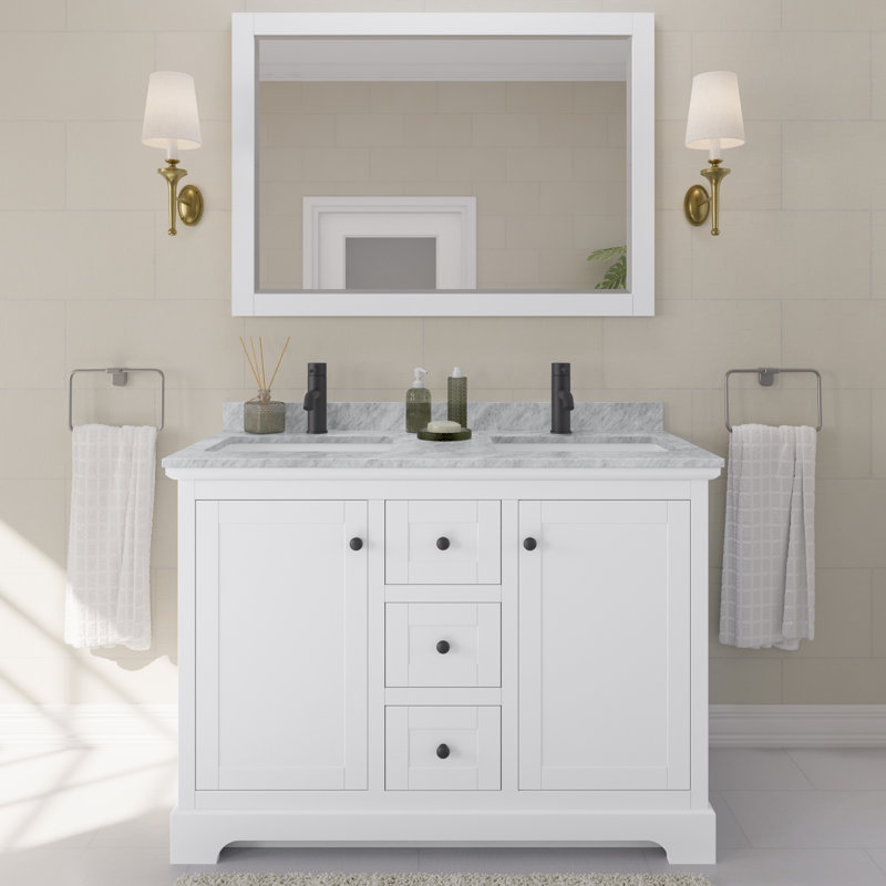 Avery 48'' Double Bathroom Vanity with Marble Top, White, Matte Black