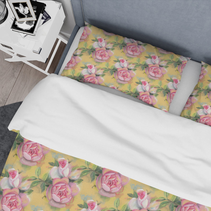 Ensemble de housse de couette de roses de style mid-century à la main aquarelle