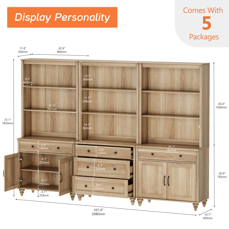 Sideboard Cabinet With Bar Hutch, Buffet Cabinet With 4 Wood Doors, 5 Drawers And 3 Tier Shelves, Oak, 101''