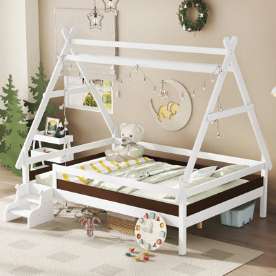 Lit plateforme double avec escaliers, structure de lit pour enfants en bois massif, lit pour enfant à profil bas, blanc