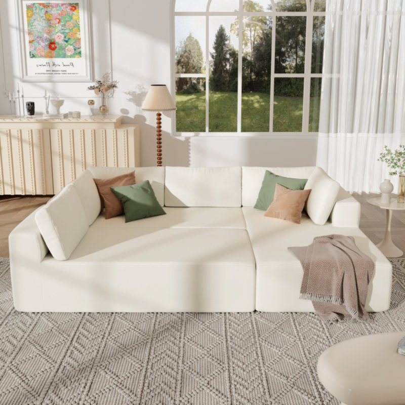 Beige Modular Three-Piece Fabric Sectional Sofa with Ottoman