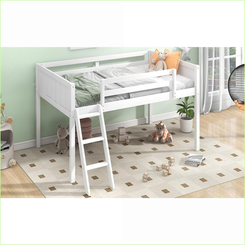 Twin Size Pine Wood Low Loft Bed with Convertible Ladder - No Box Spring Required, White for Second Bedroom