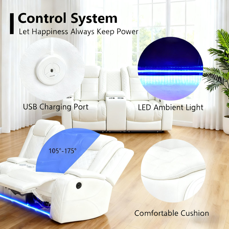 Canapé inclinable multifonctionnel en cuir véritable blanc cassé 3 pièces