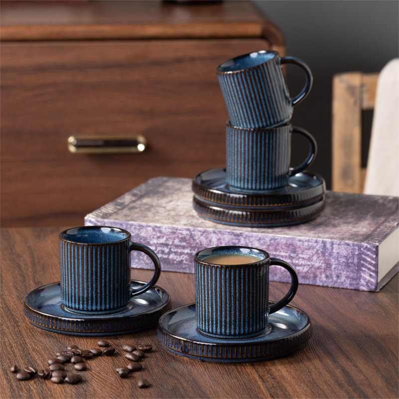 Ensemble de 4 tasses à espresso et soucoupes en grès (ensemble de 4), Bleu nébuleuses