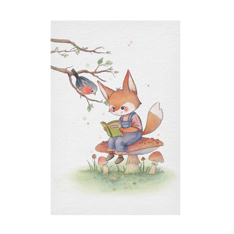 Illustration d'un renard et d'un oiseau 2 sur toile par Xuan, H 32 po x l 22 po x P 2 po