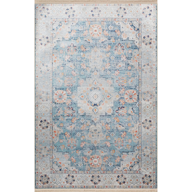 Tapis oriental bleu / gris en polypropylène tissé à la machine Roshina, Rectangle 5 pi 1 po x 8 pi 6 po