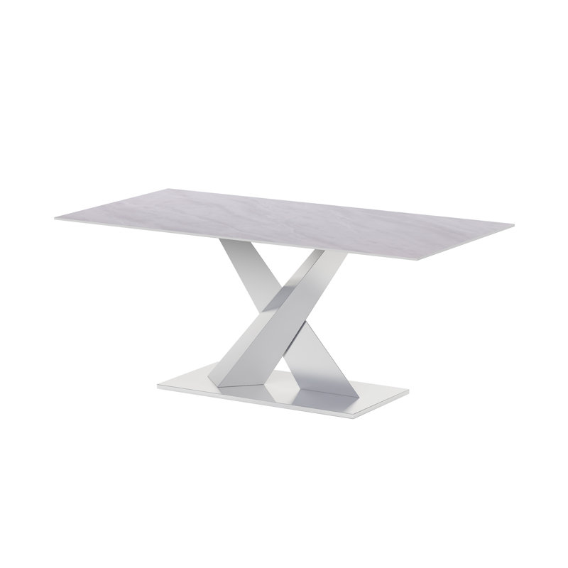 Contemporary White Sintered Stone Dining Table with Steel Base