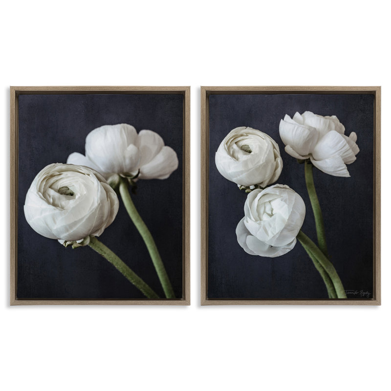 Ensemble de 2 toiles flottantes simples avec pivoines noires et blanches par Jennifer Rigsby, Cadre flottant orme Montalcino