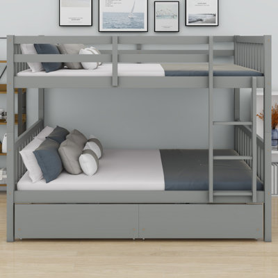 2-In-1 Wood Bunk Bed Convertible To 2 Beds With Drawers Ladder Safety Guardrails
