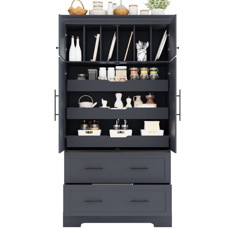 [Vidéo d'assemblage disponible] Garde-manger autoportant de 40 po x 18 po x 72,6 po à 4 portes avec plateaux coulissants, tiroirs et organisateur de moule à gâteau TopMAX Farmhouse