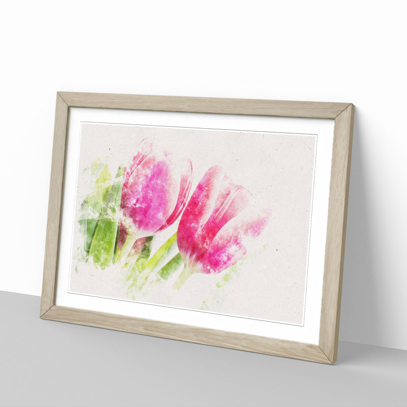 Pair of Pink Tulip Flowers - Picture Frame Painting Print, 62cm H x 87cm W x 2cm D, Oak Framed