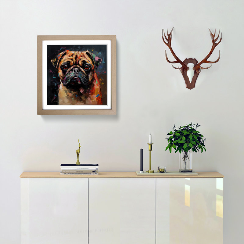 Pug Palette Knife - Single Picture Frame Print on Wood, Oak
