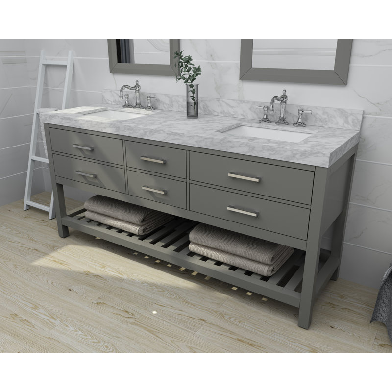Elizabeth 72" Double Bathroom Vanity Set with Mirror, Carrara White, Nickel, Sapphire Gray