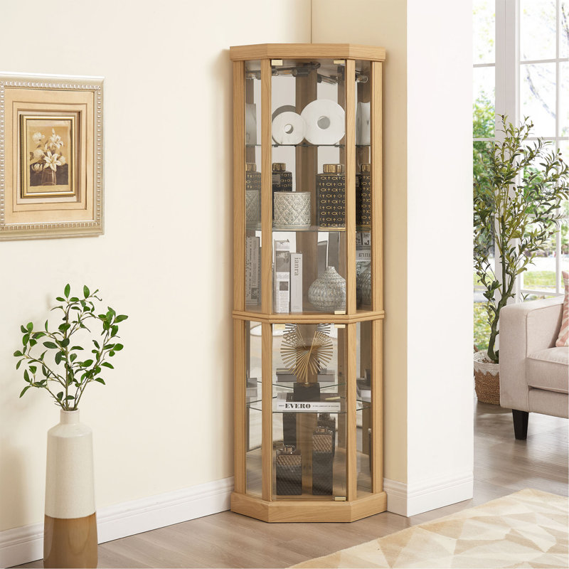 Lighted Corner Curio Cabinet - Elegant Glass Display Case For Living Room & Bar Storage -  For Antique Collections & Wine - Includes Built-In Lighting