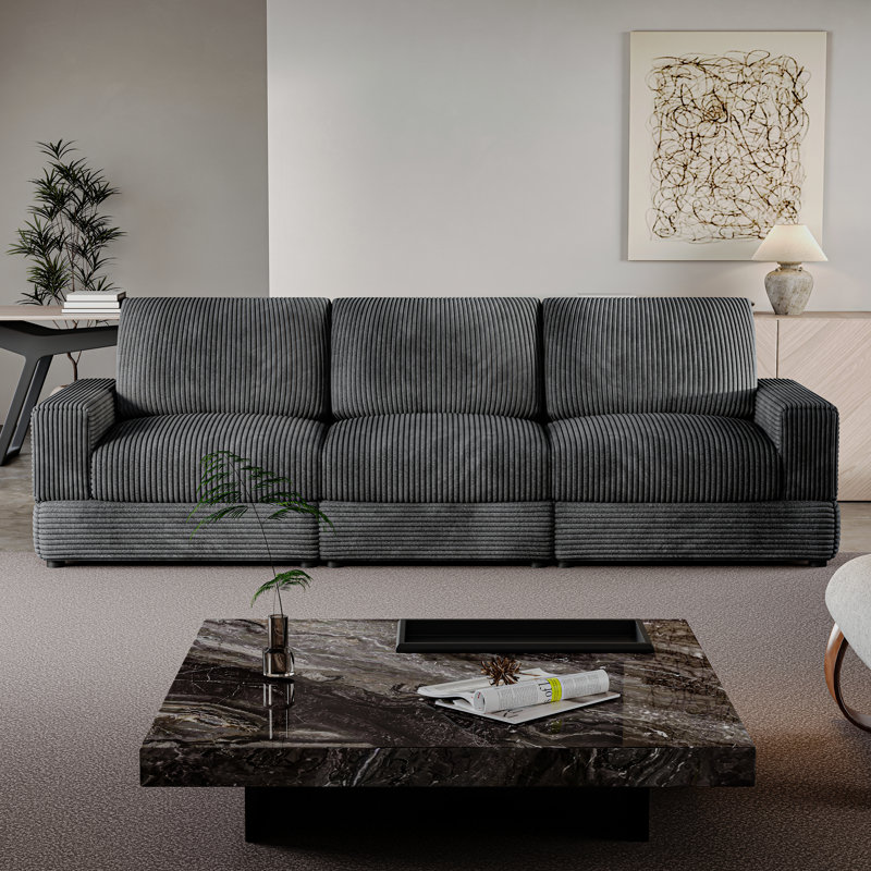 107.5''w Corduroy Modular Sectional Sofa, Comfy 3-seater Upholstered Oversized Couch With Armrests And Deep Seat, Modern Sleeper Sofa Bed For Living Room, Bedroom And Office, Black
