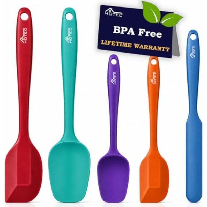 Ensemble de 5 spatules en silicone alimentaire résistant à la chaleur (600 °F), antiadhésives, compatibles avec le lave-vaisselle, sans BPA et multicolores. Idéales pour la pâtisserie, la cuisine et le mélange.