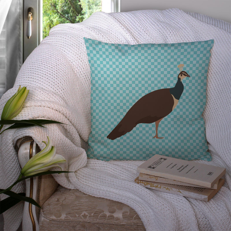 Coussin décoratif extérieur peahen paon check, 14 po x 14 po, Bleu