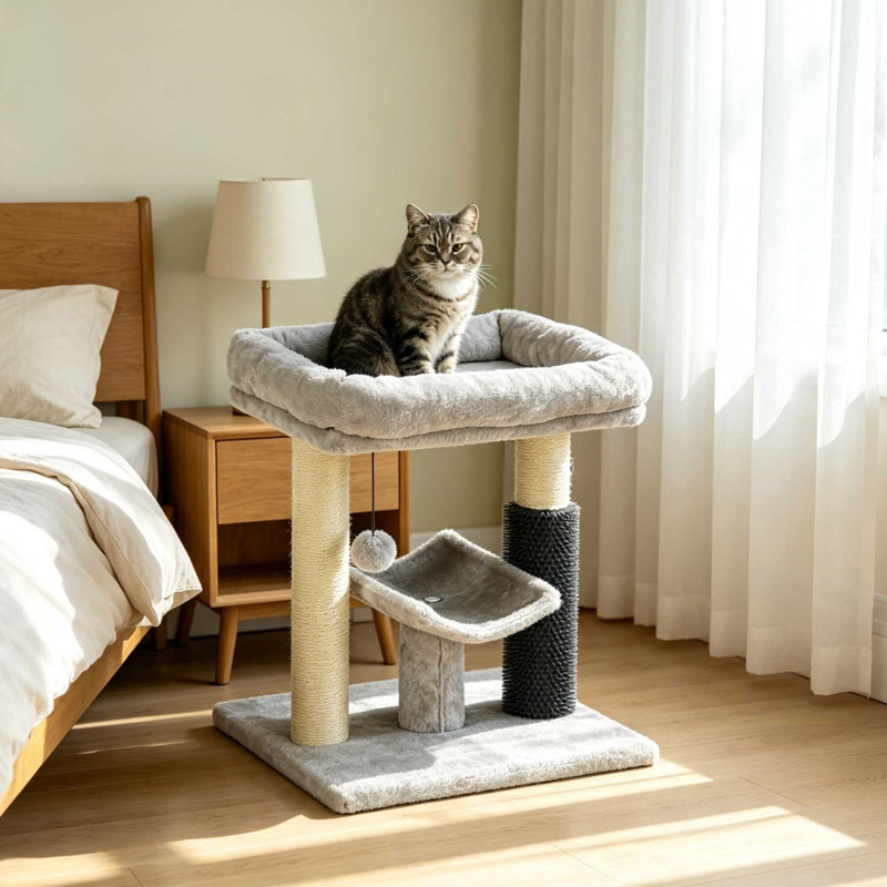 48 cm Small Cat Tree with Scratching Posts, Bed, Perch, Self‑Groomer & Toy, Grey