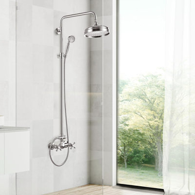 8'' Exposed Shower System with Rain Shower Head and Brass Handheld Spray, Wall Mounted Dual Function Shower Faucet Set