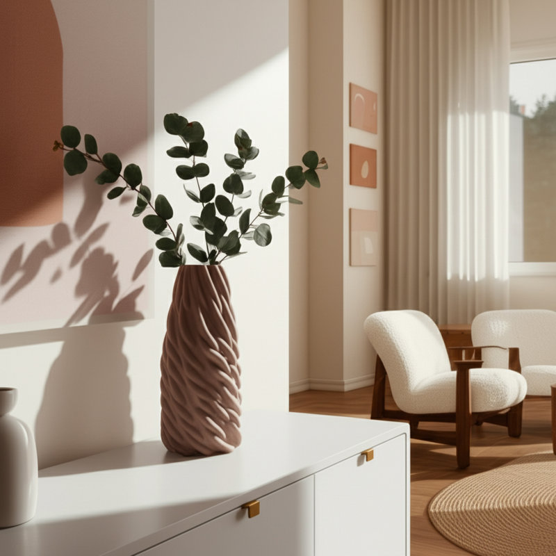 Vase moderne en grès avec texture en spirale sculptée et détails verticaux nervurés de style tendance Celine