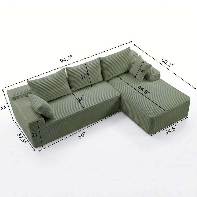 Canapé modulaire 94,5 po avec méridienne réversible en L et siège profond pour salon, Green-R